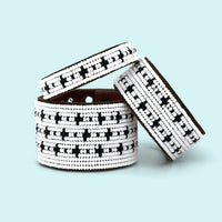 Stars Black and White Beaded Leather Cuff