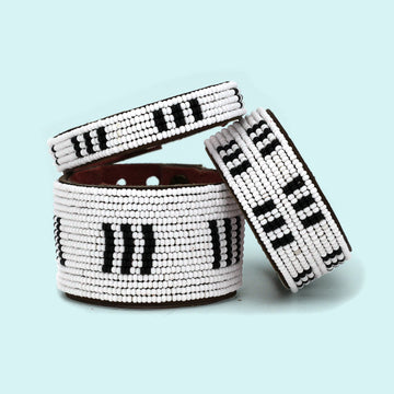 Stitches Black and White Beaded Leather Cuff