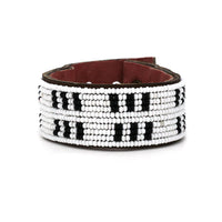 Stitches Black and White Beaded Leather Cuff