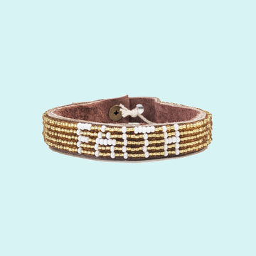 Faith Beaded Leather Cuff - Gold