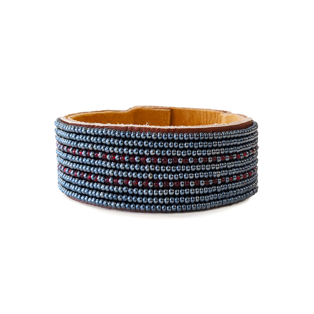 Dashes Garnet and Slate Beaded Leather Cuff