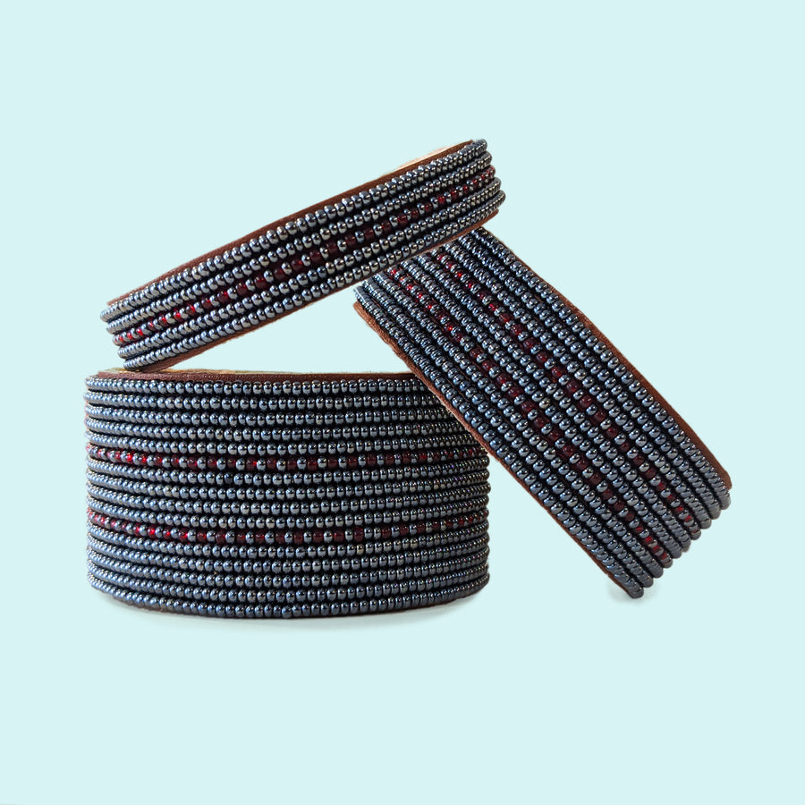 Dashes Garnet and Slate Beaded Leather Cuff