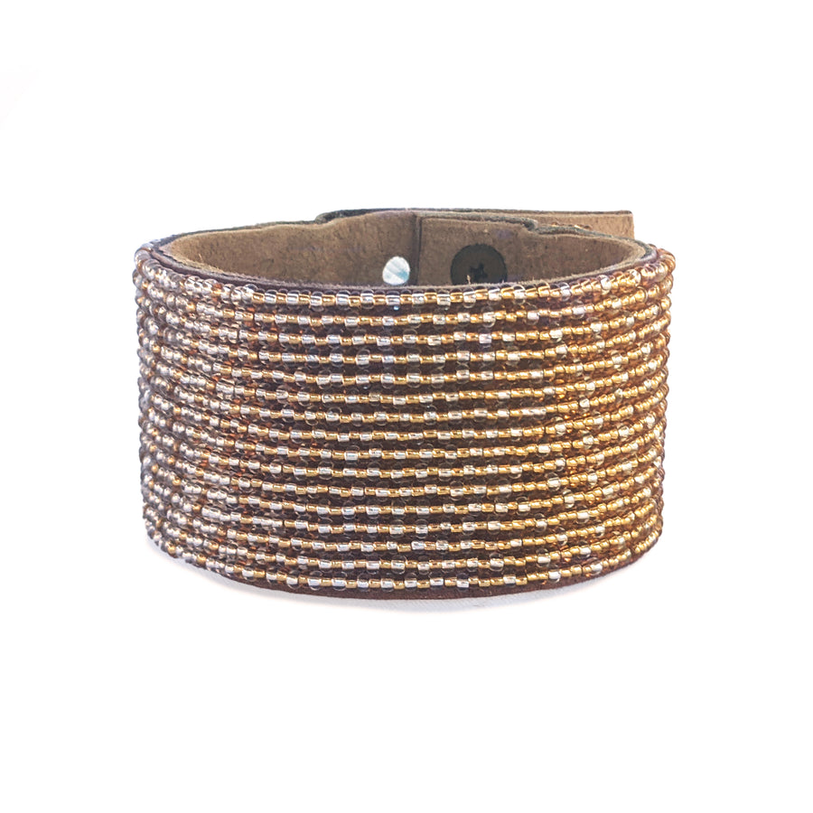 Ombre Silver and Gold Beaded Leather Cuff