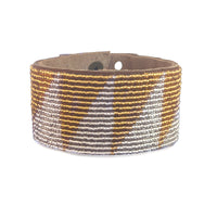 Tri Silver and Gold Beaded Leather Cuff