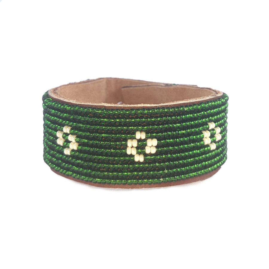 Diamond Dark Green and Pearl Beaded Leather Cuff