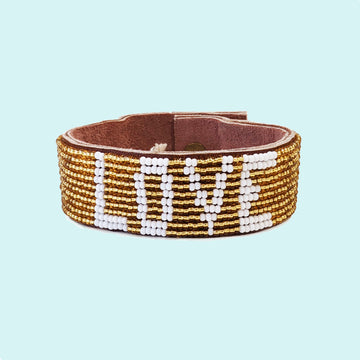 Love Beaded Leather Cuff- Gold