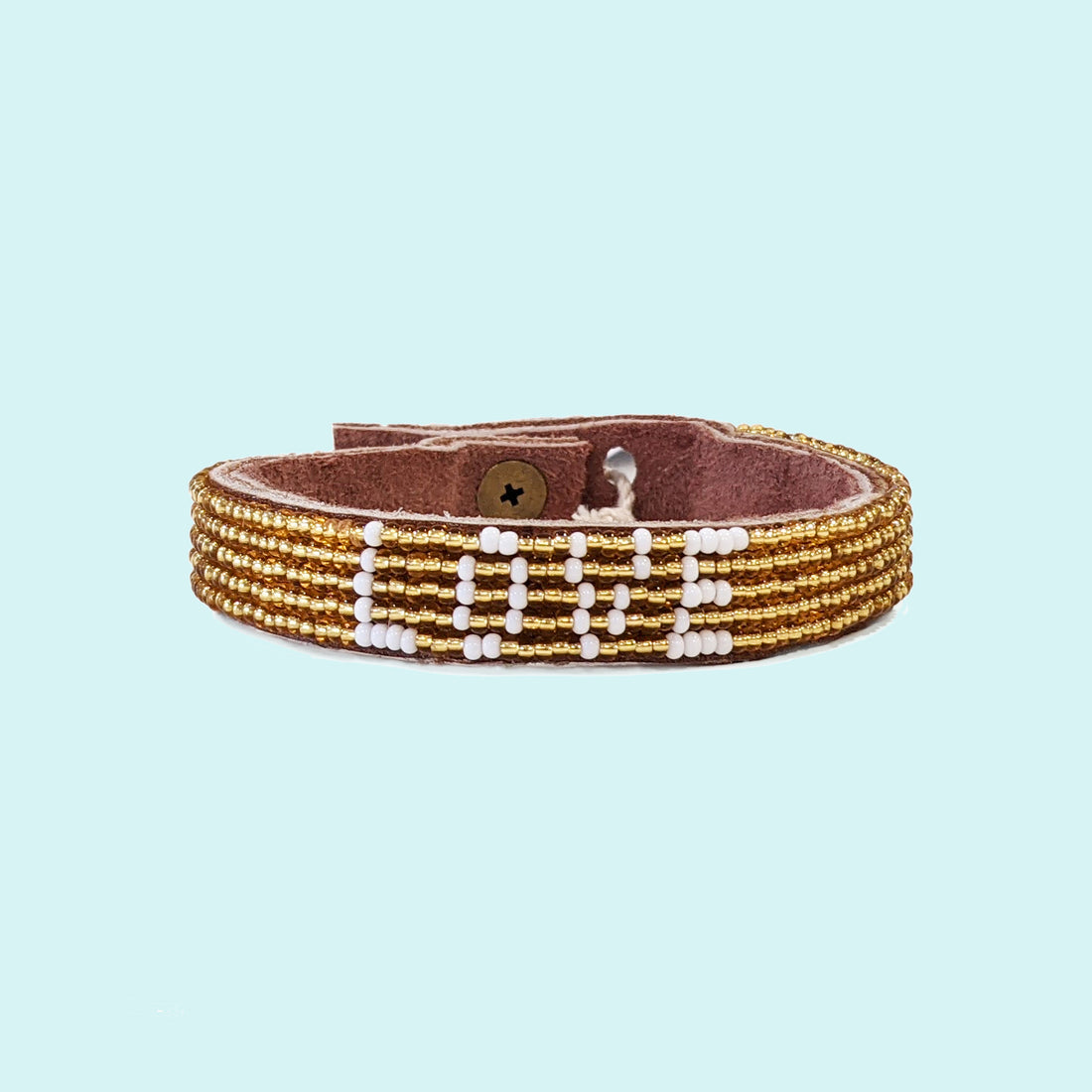 Love Beaded Leather Cuff- Gold