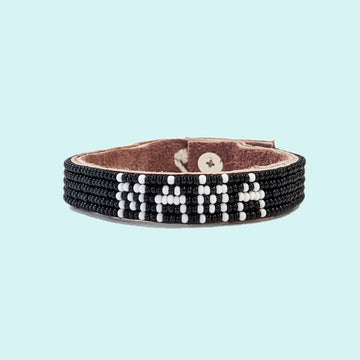 Mama Beaded Leather Cuff - Black