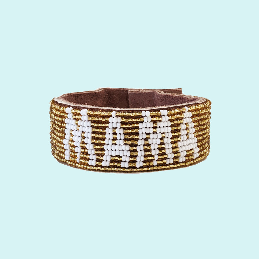 Mama Beaded Leather Cuff - Gold