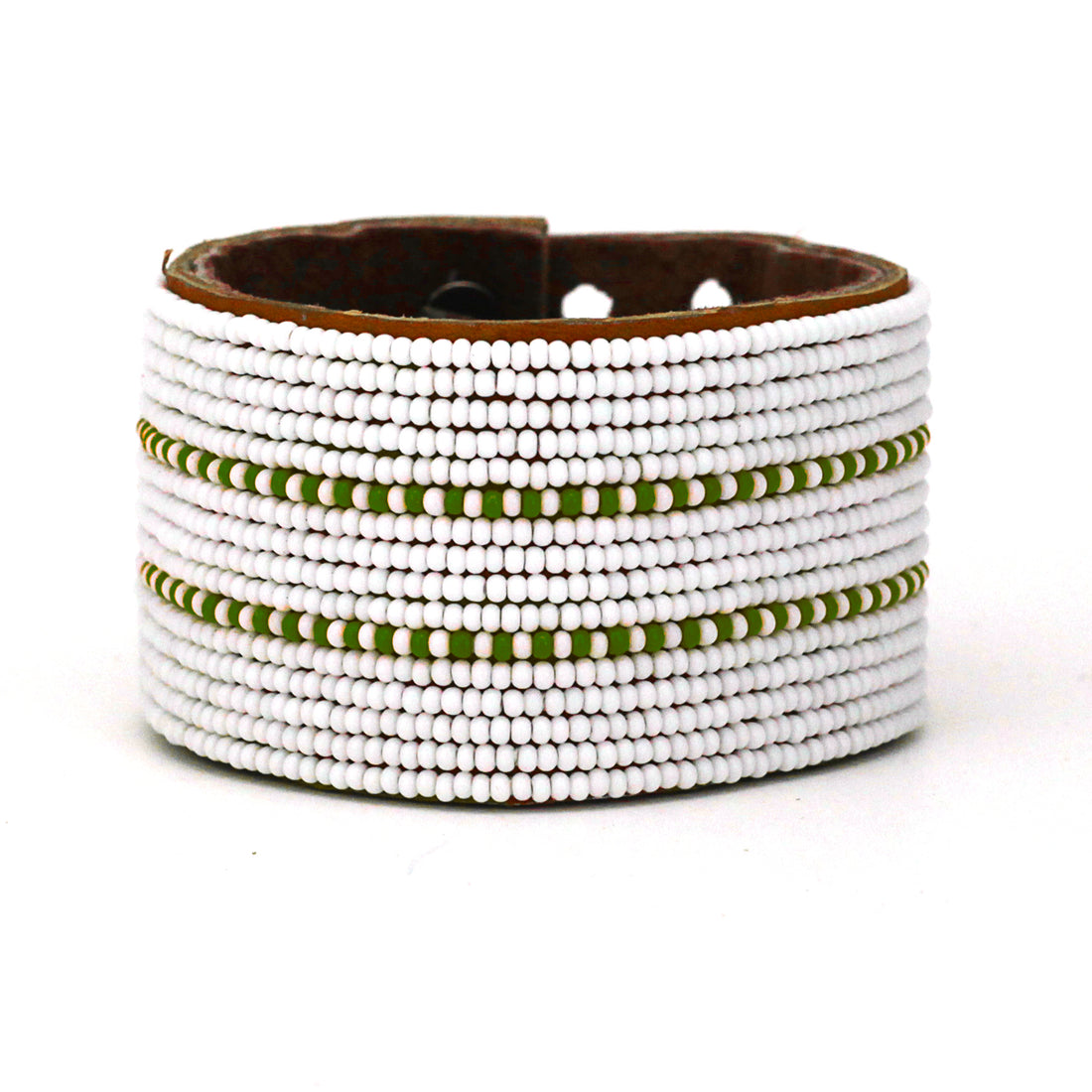 Dashes Olive Green Beaded Leather Cuff