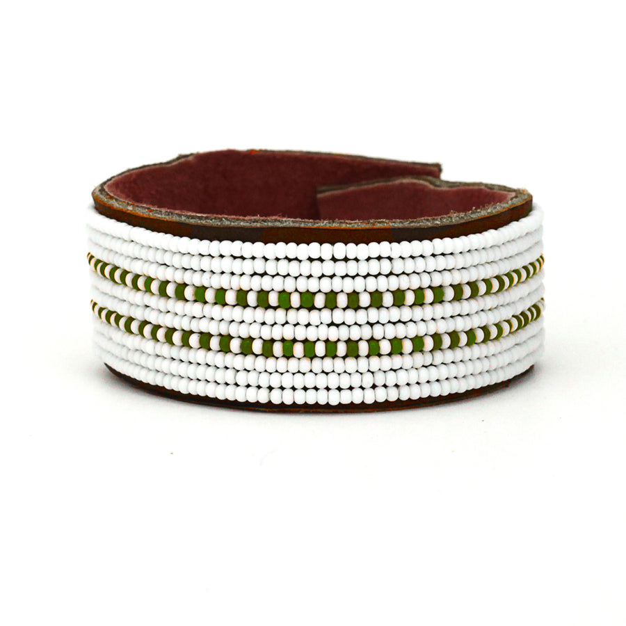 Dashes Olive Green Beaded Leather Cuff