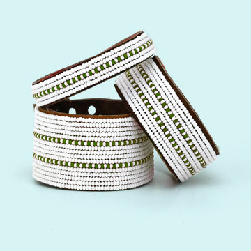 Dashes Olive Green Beaded Leather Cuff