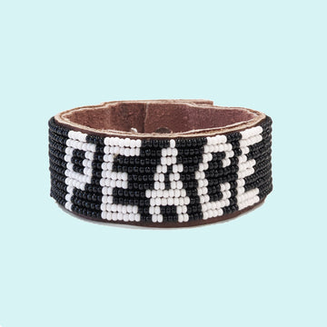 Peace Beaded Leather Cuff - Black