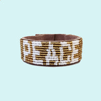 Peace Beaded Leather Cuff - Gold
