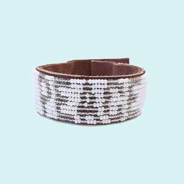 Peace Beaded Leather Cuff - Silver