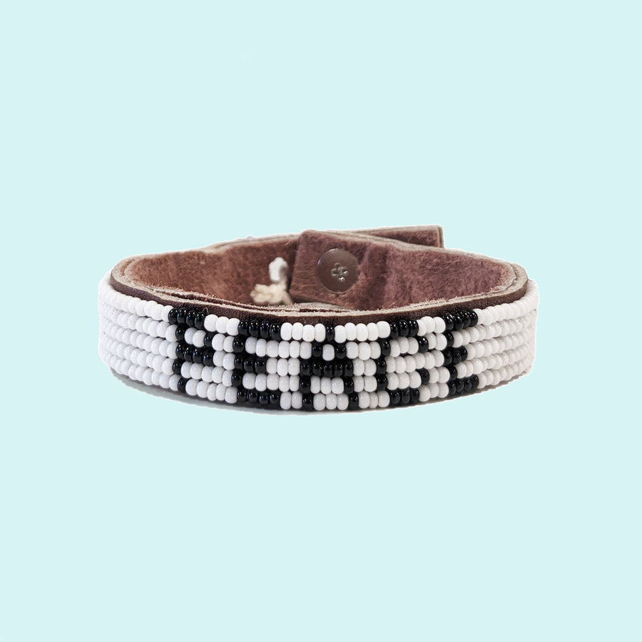 Peace Beaded Leather Cuff - White