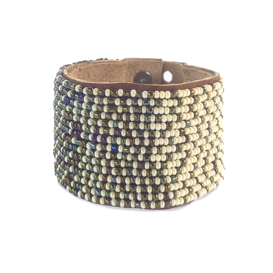 Ombre Rainbow and Pearl Beaded Leather Cuff