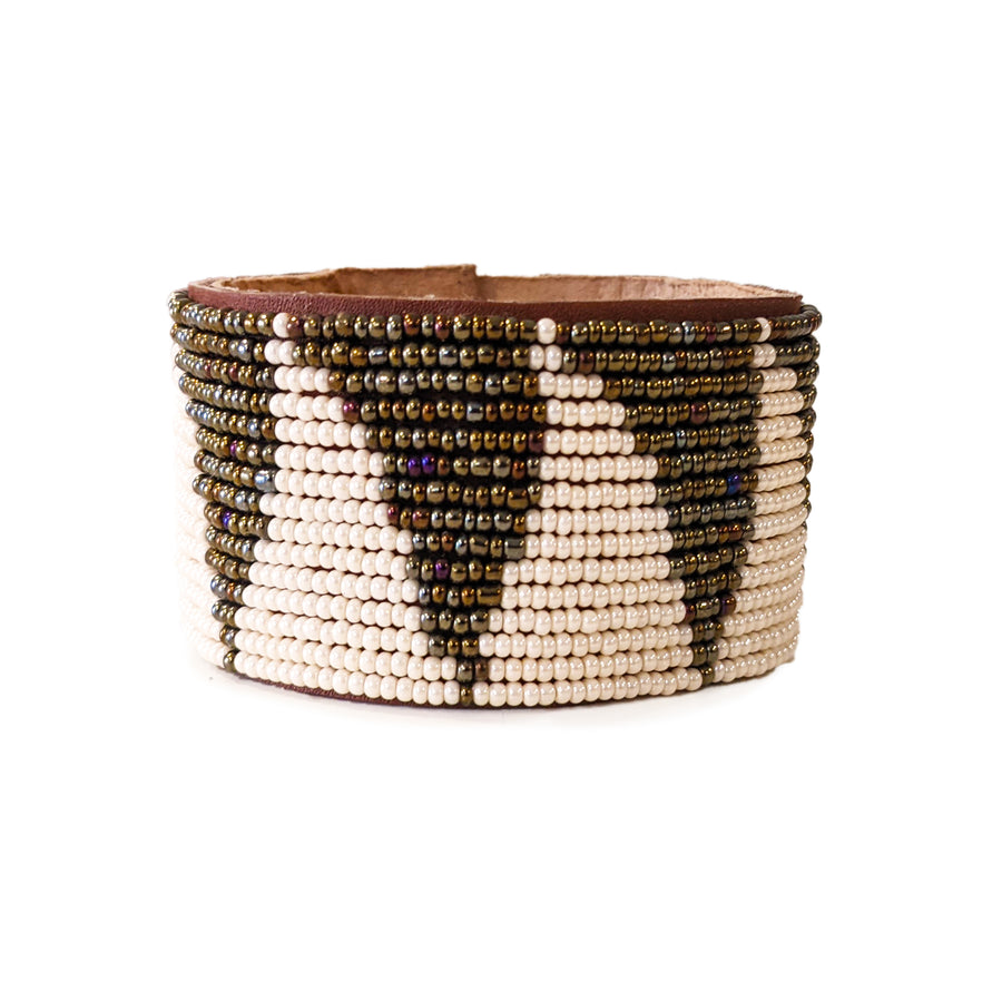 Tri Rainbow and Pearl Beaded Leather Cuff