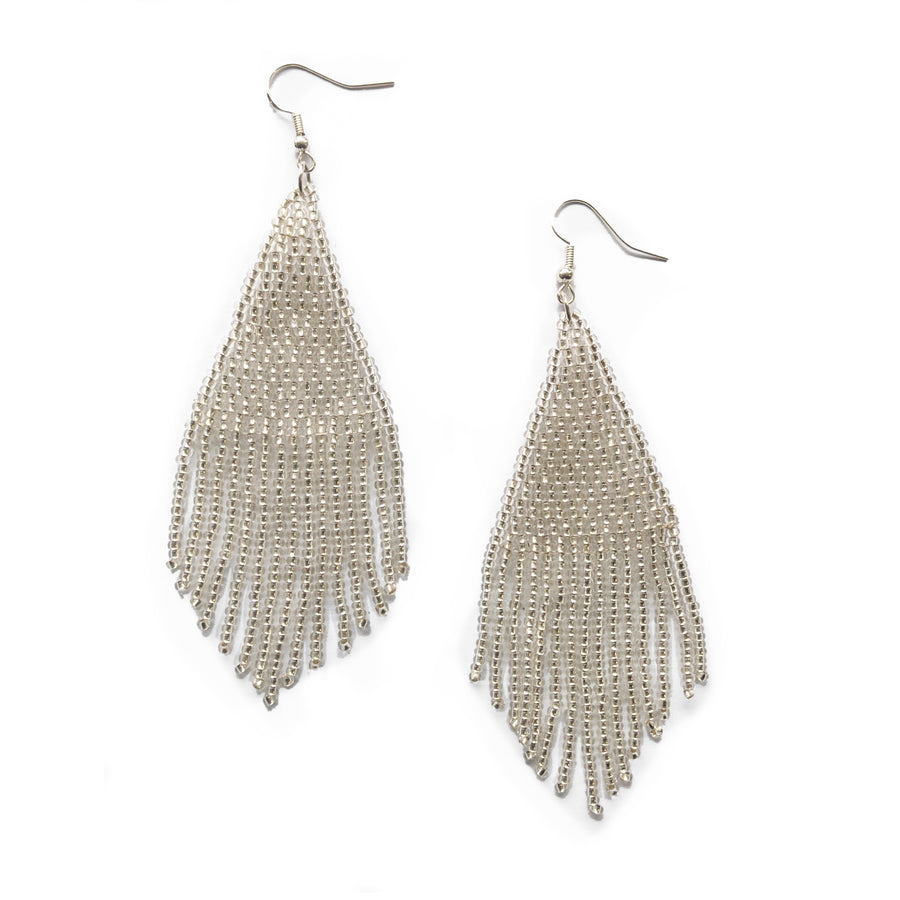 Solid Beaded Tassel Earring - Silver