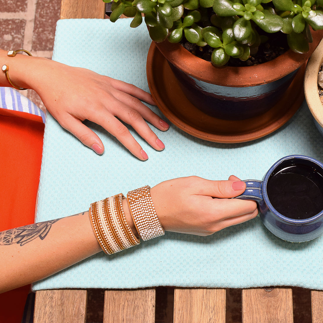 Stripes Gold and Pearl Beaded Leather Cuff