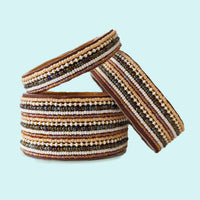 Stripes Light Neutral Beaded Leather Cuff