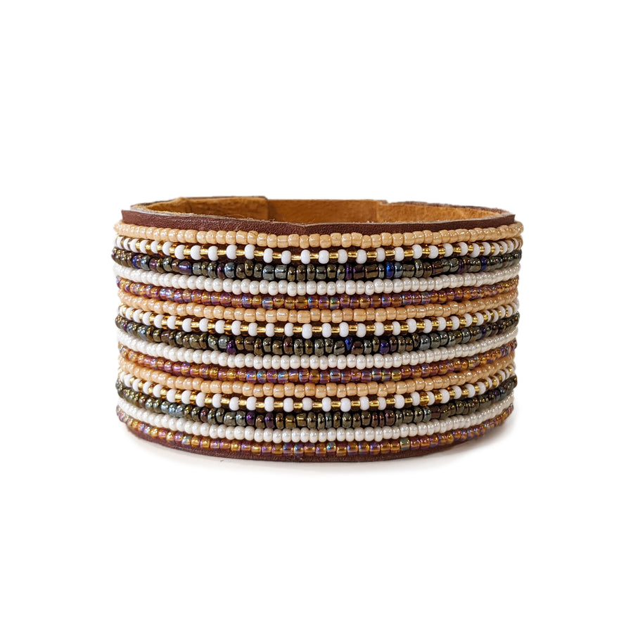 Stripes Light Neutral Beaded Leather Cuff - Wide Width