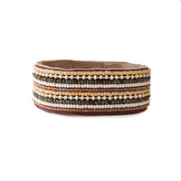 Stripes Light Neutral Beaded Leather Cuff
