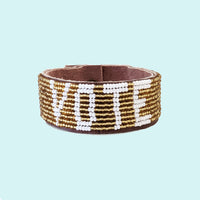 Vote Beaded Leather Cuff - Gold