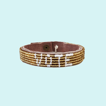 Vote Beaded Leather Cuff - Gold