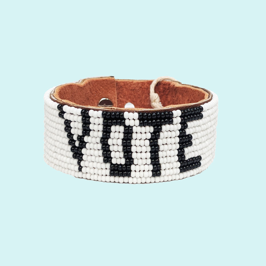 Vote Beaded Leather Cuff - White