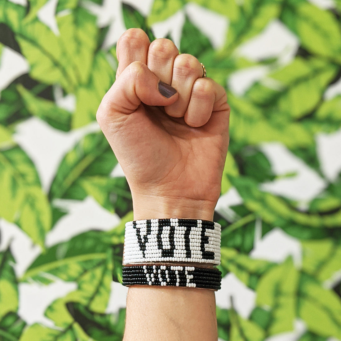 Vote Beaded Leather Cuff - White